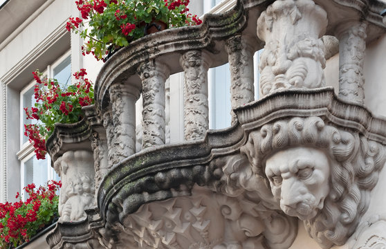 Beautiful balustrade with lion head of the old house in Lviv, Ukraine