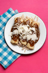 Mexican chicken enchiladas with mole sauce on pink background