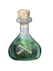 Wotercolor poison bottle. Hand drawn green glass poison bottle. Halloween element for cards, decorations, posters. Occultism. Isolated on white background. Clip art. Cartoon.