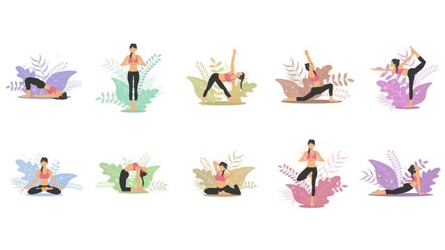 Yoga exercise in nature. Collection of female cartoon character demonstrating various yoga position. Colorful flat loop animation. Relax and meditate.