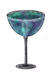 Watercolor smoked  blue cocktail with eyeball decoration. Hand drawn alcohol, non alcohol party drink. Isolated on white background. Design for Cocktail party. Drink For restaraunt menu.