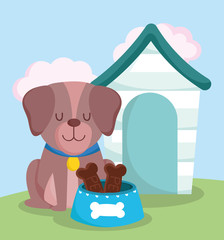 Obraz na płótnie Canvas pet shop, cute dog sitting with collar food and house animal domestic cartoon