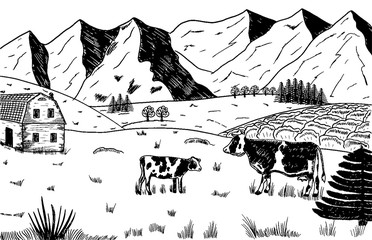 Rural landscape with cows and farm with mountain scenery in background in graphic style.