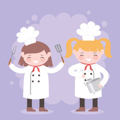 chefs girls with fork and pot kitchen cartoon character
