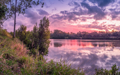 Beautiful Panoramic Riverside Sunrise with Reflections