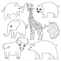 Cute cartoon animals for coloring and colors design. Outlined Clip art vector for coloring book, sticker.