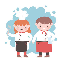 chef girl and waiter with apron cartoon character