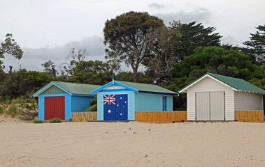 Fototapeta na wymiar Bathing houses on the beach, Victoria, Australia