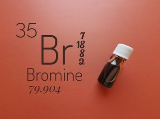 Bromine is a chemical element of the periodic table with the symbol Br and atomic number 35. The symbol Br with atomic data and reddish-brown liquid bromine solution in a glass reagent bottle. - obrazy, fototapety, plakaty