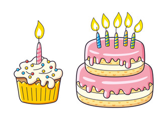 Birthday cupcake and big cake with candles isolated