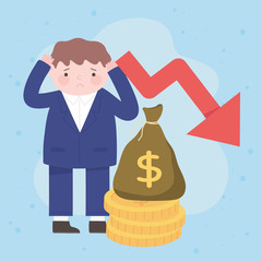 bankruptcy businessman falling down arrow money process financial crisis