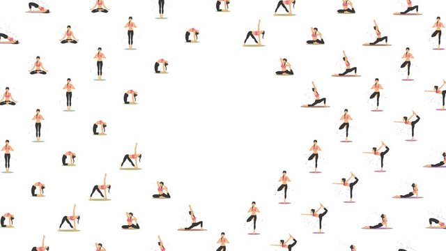 Yoga exercise in nature. Collection of female cartoon character demonstrating various yoga position. Colorful flat loop animation. Relax and meditate.
