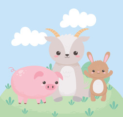 cute little rabbit goat and pig grass cartoon animals in a natural landscape