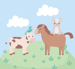 Obraz na płótnie Canvas cute horse goat cow and parrot cartoon animals in a natural landscape