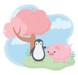 little penguin and pig tree cartoon animals in a natural landscape