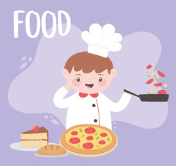 chef boy with vegetables pizza and bread cartoon character