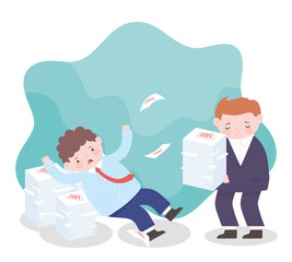 bankruptcy worried businessmen with stack of debt papers business financial crisis