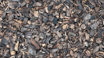 Decorative wood chips texture. Aerial view of natural material pattern of wooden pieces of mulberry tree bark.