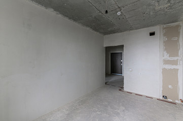 Russia, Moscow- February 10, 2020: interior room apartment rough repair for self-finishing. interior decoration, bare walls of the premises, stage of construction