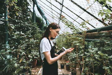 Young woman gardener in glasses and apron with digital tablet working in a garden center for better quality control. Environmentalist using digital tablet in greenhouse.