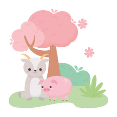 cute goat and pig flowers tree bush cartoon animals in a natural landscape