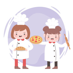 chefs cartoon character with pizza roller pin and bread