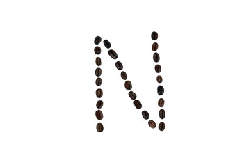 Alpha numeric set of individual letters A to Z and numbers 0-9, made using coffee beans. These symbols, of or digit or character are unique font type ror font face, on white background, hand made.