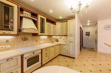 Russia, Moscow- February 10, 2020: interior room apartment modern bright cozy atmosphere. general cleaning, home decoration, preparation of house for sale. modern kitchen, dining area