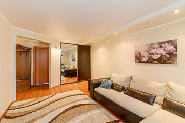 Russia, Moscow- February 10, 2020: interior room apartment modern bright cozy atmosphere. general cleaning, home decoration, preparation of house for sale