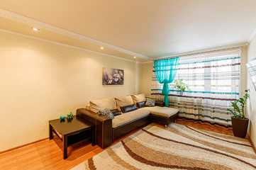 Russia, Moscow- February 10, 2020: interior room apartment modern bright cozy atmosphere. general cleaning, home decoration, preparation of house for sale