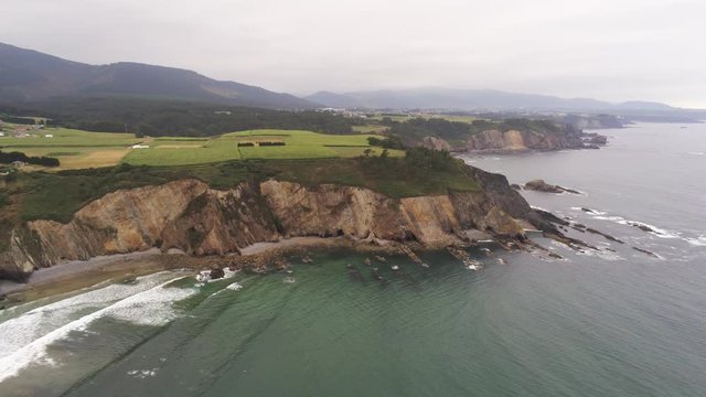 Cueva Beach. Beautiful beach in Asturias,Spain. Aerial Drone Footage