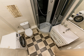 Russia, Moscow- February 10, 2020: interior room apartment modern bright cozy atmosphere. general cleaning, home decoration, preparation of house for sale. bathroom, sink, decor elements, toilet