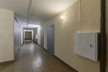 Russia, Moscow- February 10, 2020: interior public place, house entrance. doors, walls, staircase corridors