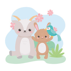 cute goat rabbit parrot and flowers cartoon animals in a natural landscape