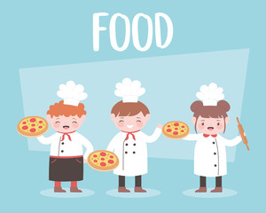 cartoon chefs cooking and holding pizza food
