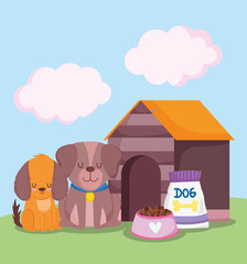 Fototapeta premium pet shop, cute dogs sitting near house and food animal domestic cartoon