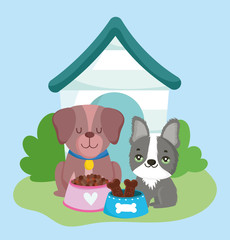 Obraz na płótnie Canvas pet shop, cute little dogs with food and house animal domestic cartoon