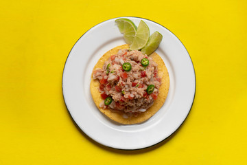Canned tuna ceviche with chili pepper and tomato on yellow background