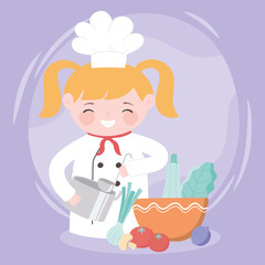 chef blonde girl with pot and fresh food in bowl cartoon character