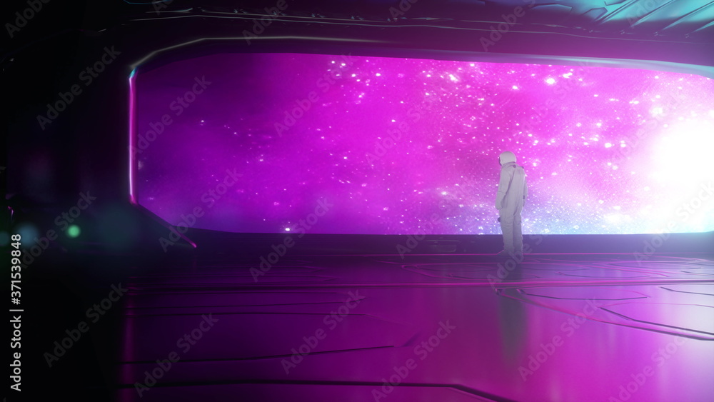 Wall mural alone astronaut in futuristic spaceship. 3d rendering