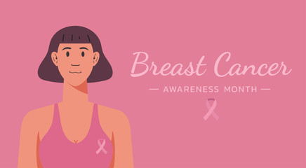 breast cancer awareness for support and health care concept, short hair woman with typography quote and ribbon, character vector flat illustration 