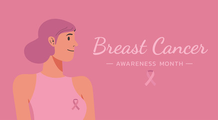 breast cancer awareness for support and health care concept, cute woman with typography quote and ribbon, character vector flat illustration 