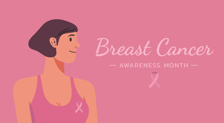 breast cancer awareness for support and health care concept, short hair girl with typography quote and ribbon, character vector flat illustration 