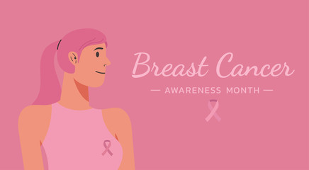 breast cancer awareness for support and health care concept, beautiful pink hair girl with typography quote and ribbon, character vector flat illustration 