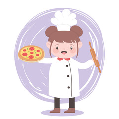 chef girl with pizza and roller pin cartoon character