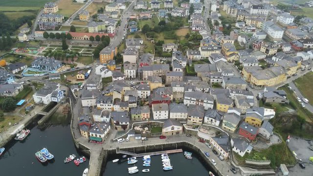 Houses in Puerto de Vega. Coastal vilage of Asturias,Spain. Aerial Drone Footage