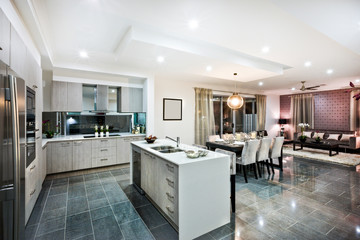 Interior of a modern kitchen and dining room