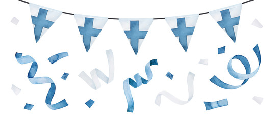 Watercolour illustration set with string garland, bright flag of Finland and blue and white festive confetti. Hand drawn water color graphic painting, cut out clip art elements for design decoration.