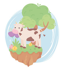 cute cow flowers tree grass cartoon animals in a natural landscape