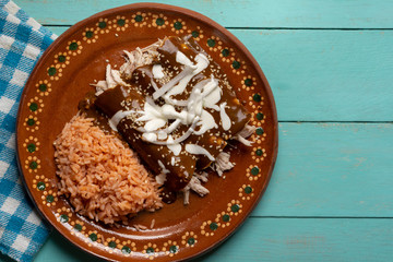 Mexican chicken enchiladas with mole sauce and rice on turquoise background